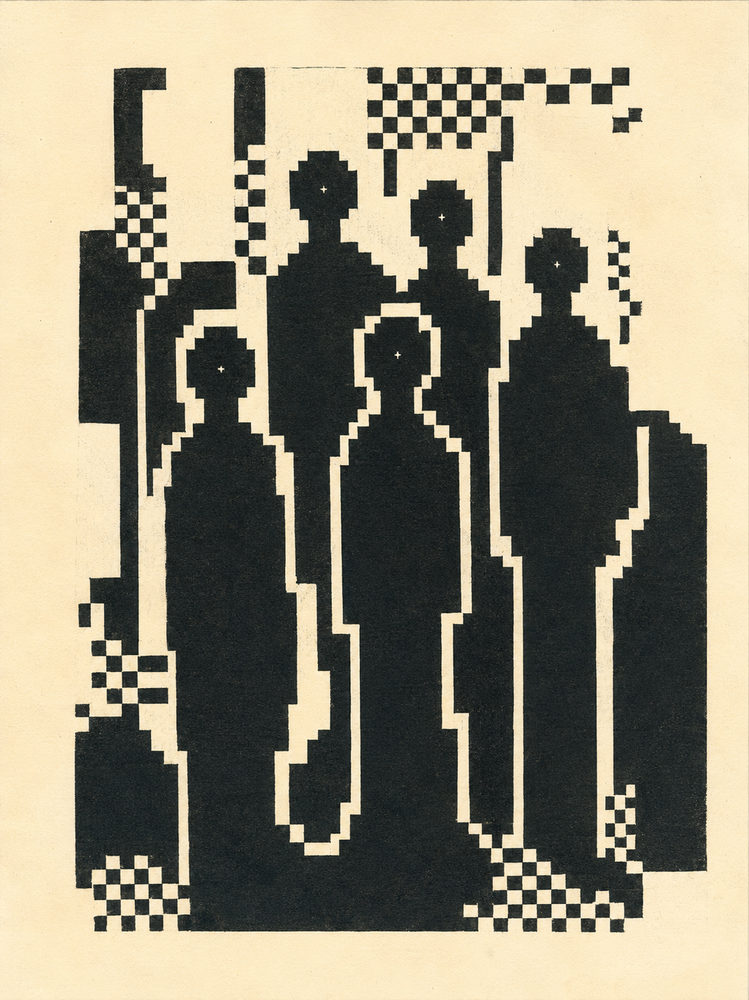 pixel crowd: black & cream retro, checkerboard glitch, quirky gamer room