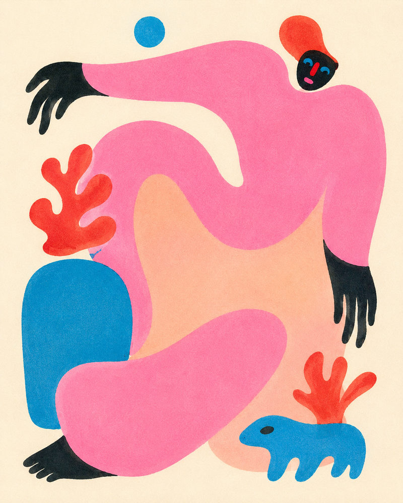 playful figure: whimsical dancing, colorful abstract figurative, hot pink cobalt blue