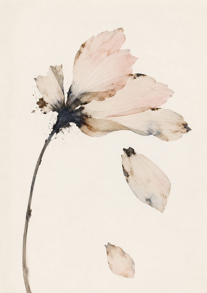pressed bloom: dried botanical ink wash, blush pink and sepia minimal, herbarium watercolor