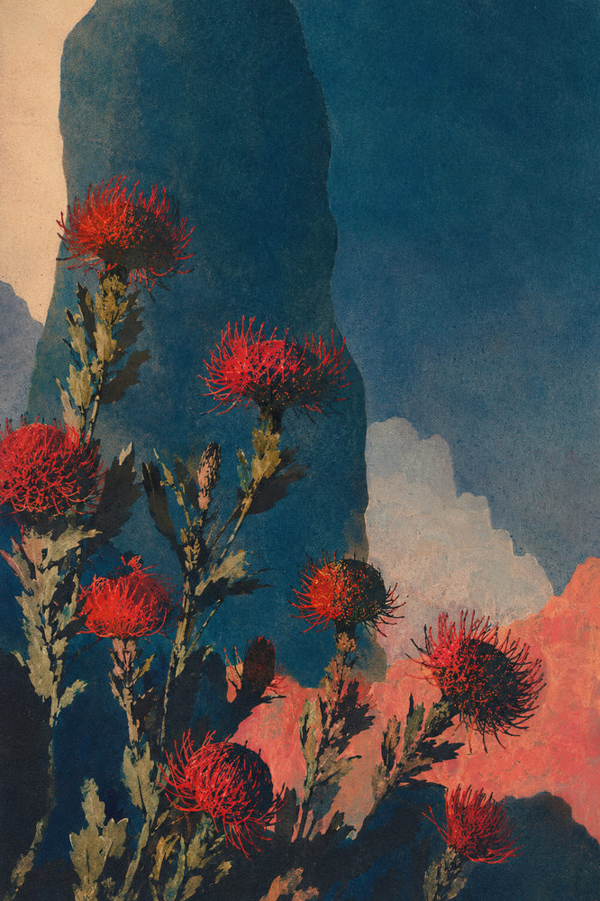 protea peaks: japanese woodblock botanical, scarlet pincushion flower, teal and coral sunset