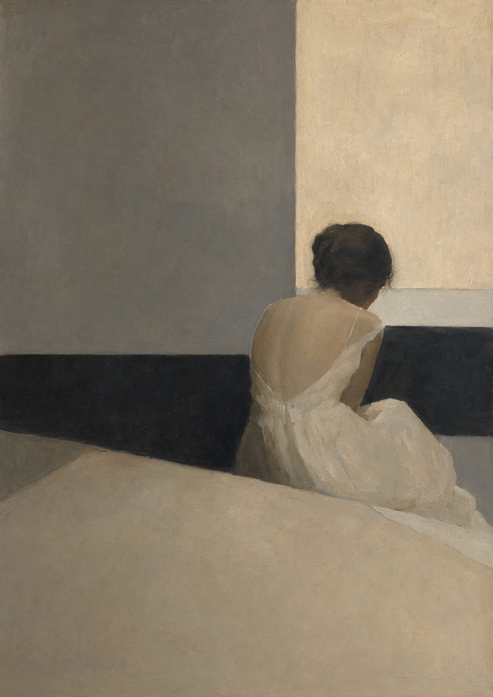 quiet interior: tonalism, seated figure from behind, muted greige bedroom