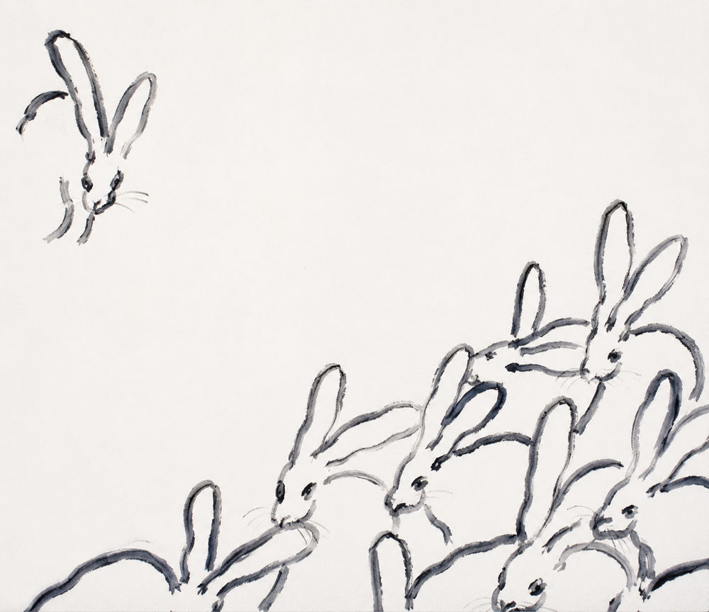 rabbit crowd: minimalist ink brush bunny crowd, sumi-e line, black and white zen, living room nursery