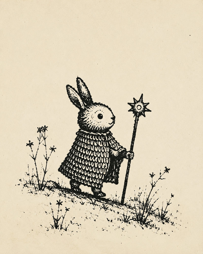 rabbit knight: whimsical storybook, vintage sepia ink, charming folk nursery