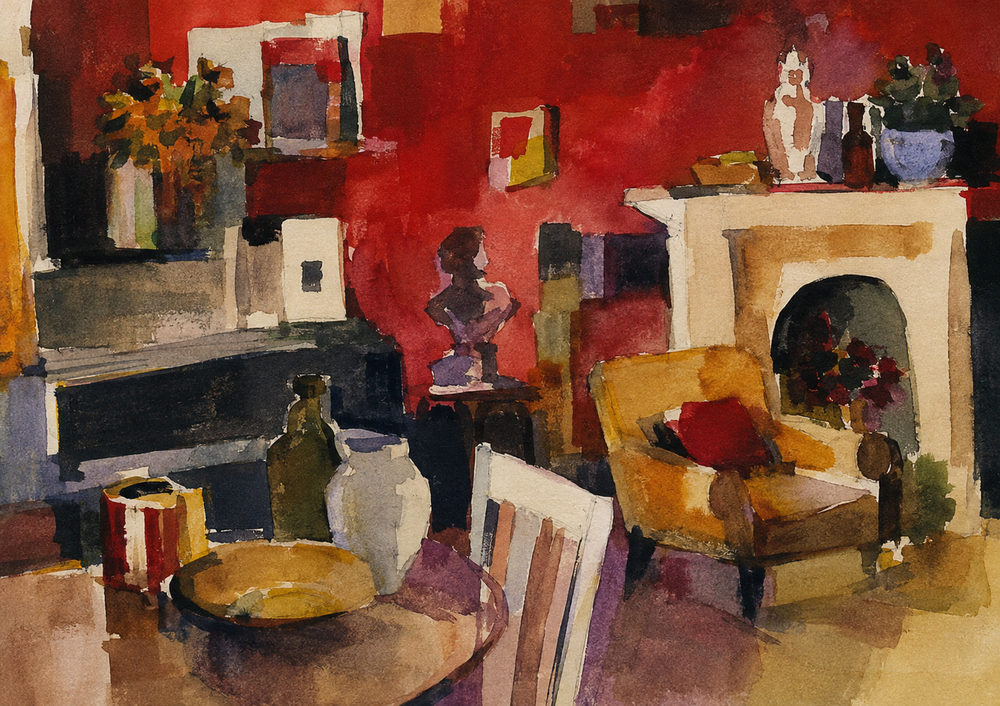 red atelier: red watercolour interior, crimson and mustard gold, bohemian still life