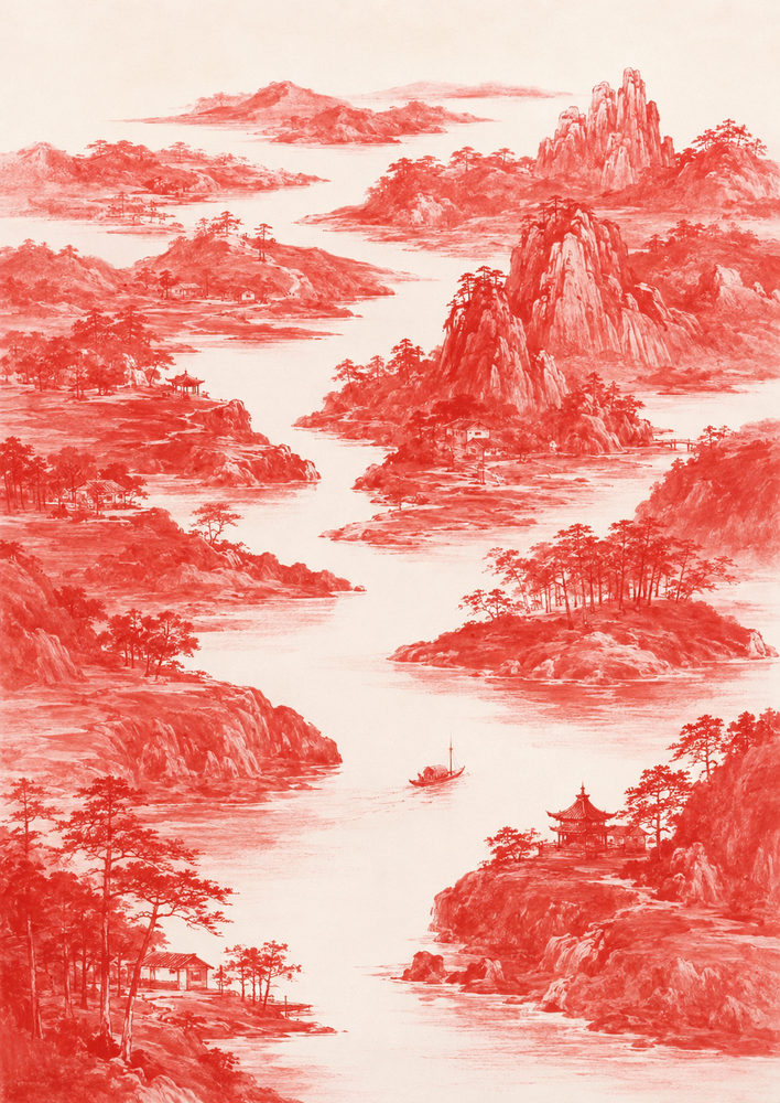 red ink landscape: chinese landscape, misty river pagoda, zen living room