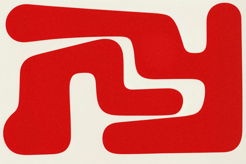 red interlock: two rounded hooks interlocking on warm off-white, hard edge