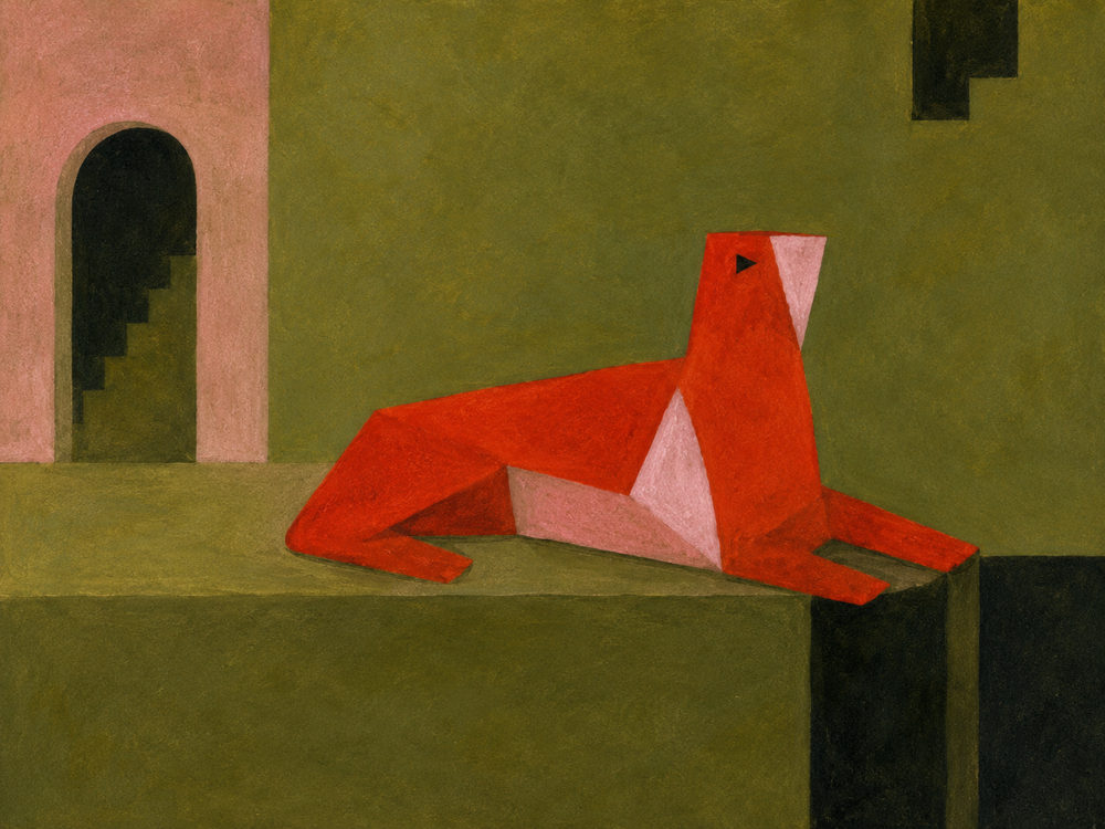 red sphinx: red sphinx, geometric lion, crimson and olive green, surrealist animal