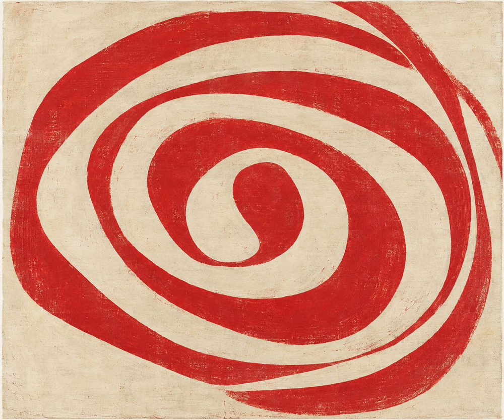 red spiral: single coil in dry oil stick strokes on a chalky beige ground, modern graphic drawing