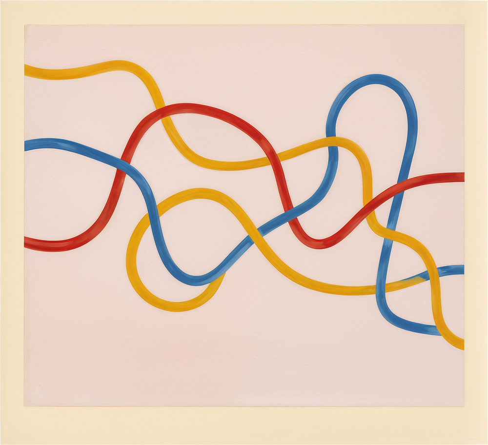 ribbon knot: three painted cords looping over pale pink, yellow red and blue, soft brushed