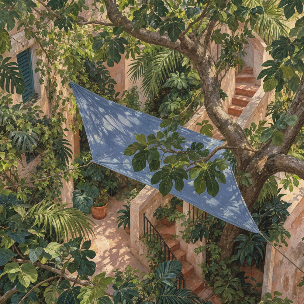 shade sail: a blue shade sail over a mediterranean patio, seen from above, green and terracotta