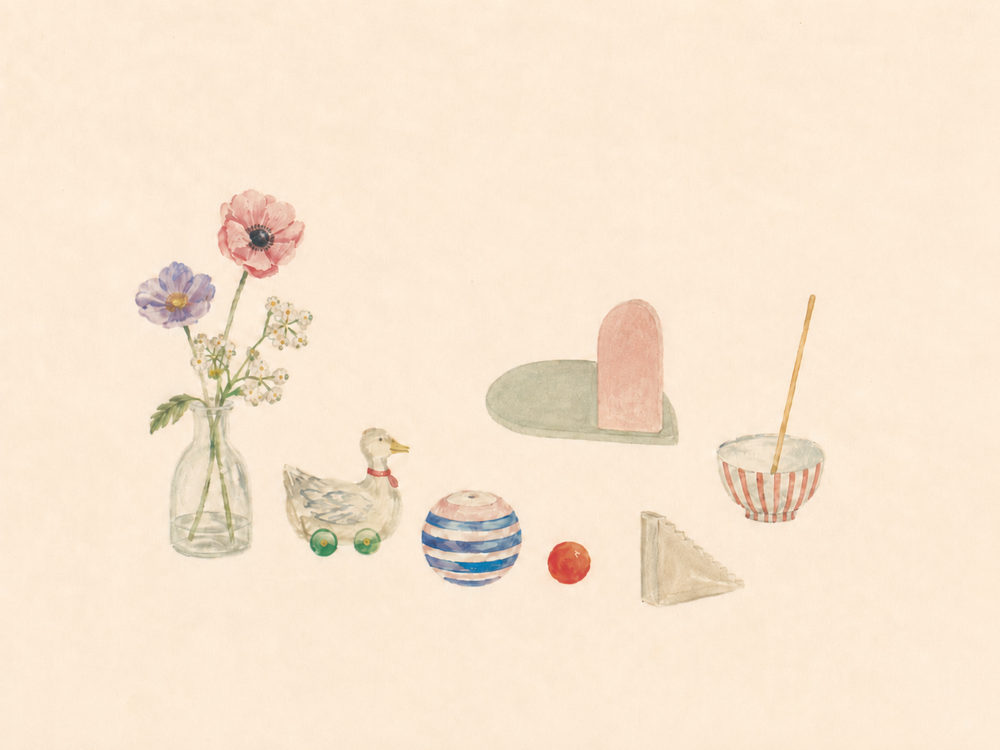 shelf objects: nursery shelf objects, toy duck and anemone vase, blush pink sage green