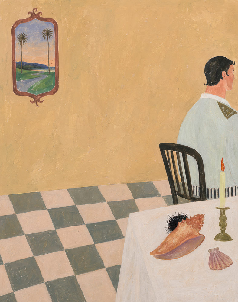 shell diner: man at dinner table, naive mediterranean, ochre sage green kitchen