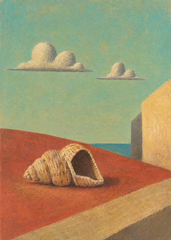 shell terrace: surreal conch shell, metaphysical still life, terracotta terrace and turquoise sky