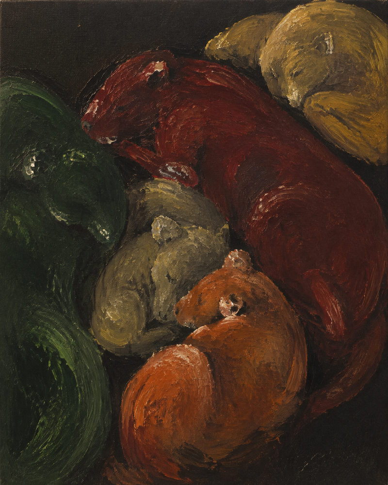 sleeping animals: curled fox and cats, expressionist animal pile, warm dark oil