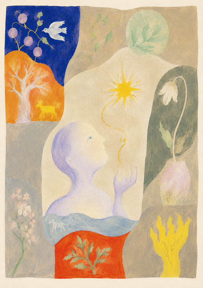 star thread: naive symbolist, mystical star and dove, lavender warm grey, gouache folklore
