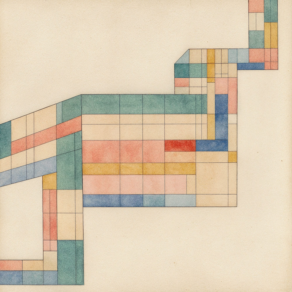 stepped grid: color swatch staircase, cobalt blue red and sea green on cream paper, geometric