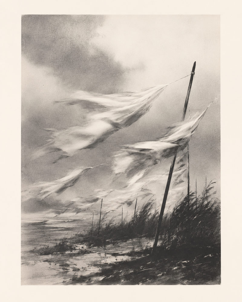 storm procession: white robed figures in storm, dramatic black and white, tonalism, dark academia