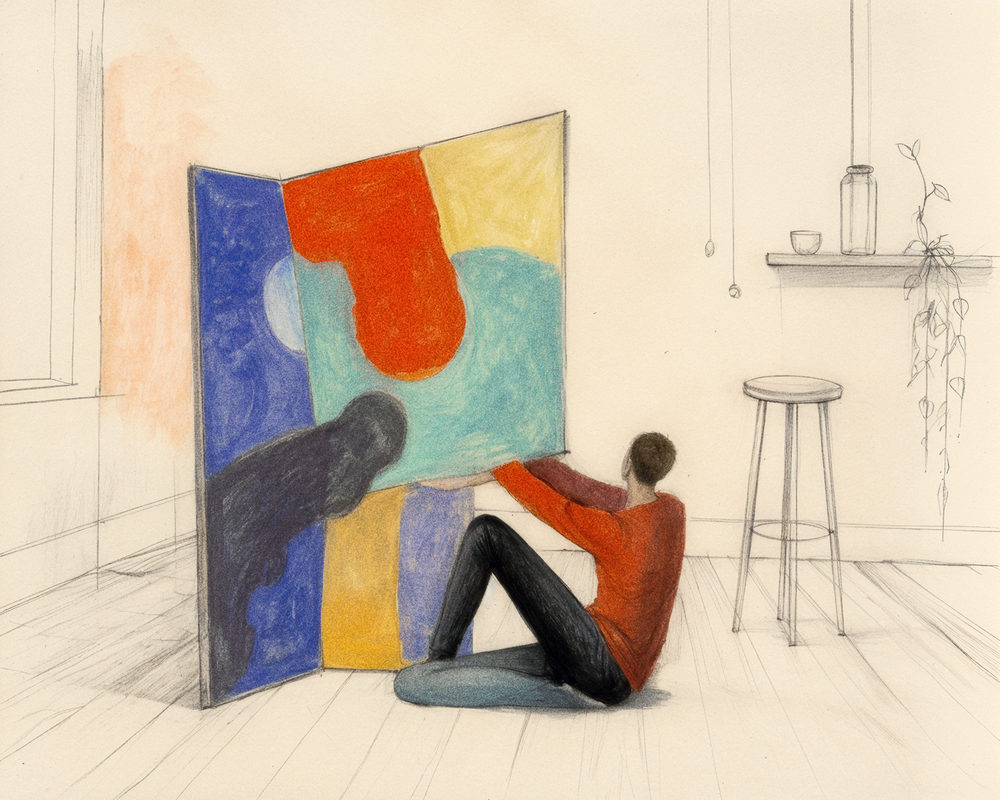 studio sitter: artist contemplating, pencil illustration, rust red and cream, home office