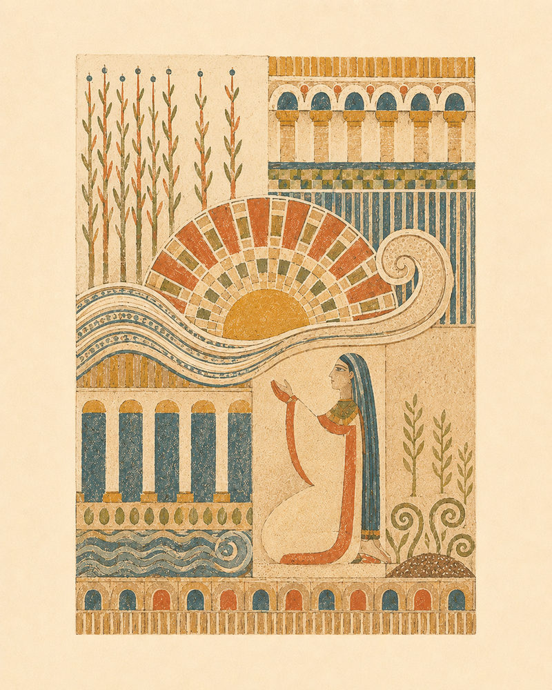 sun mural: ancient fresco, terracotta teal, minoan goddess living room
