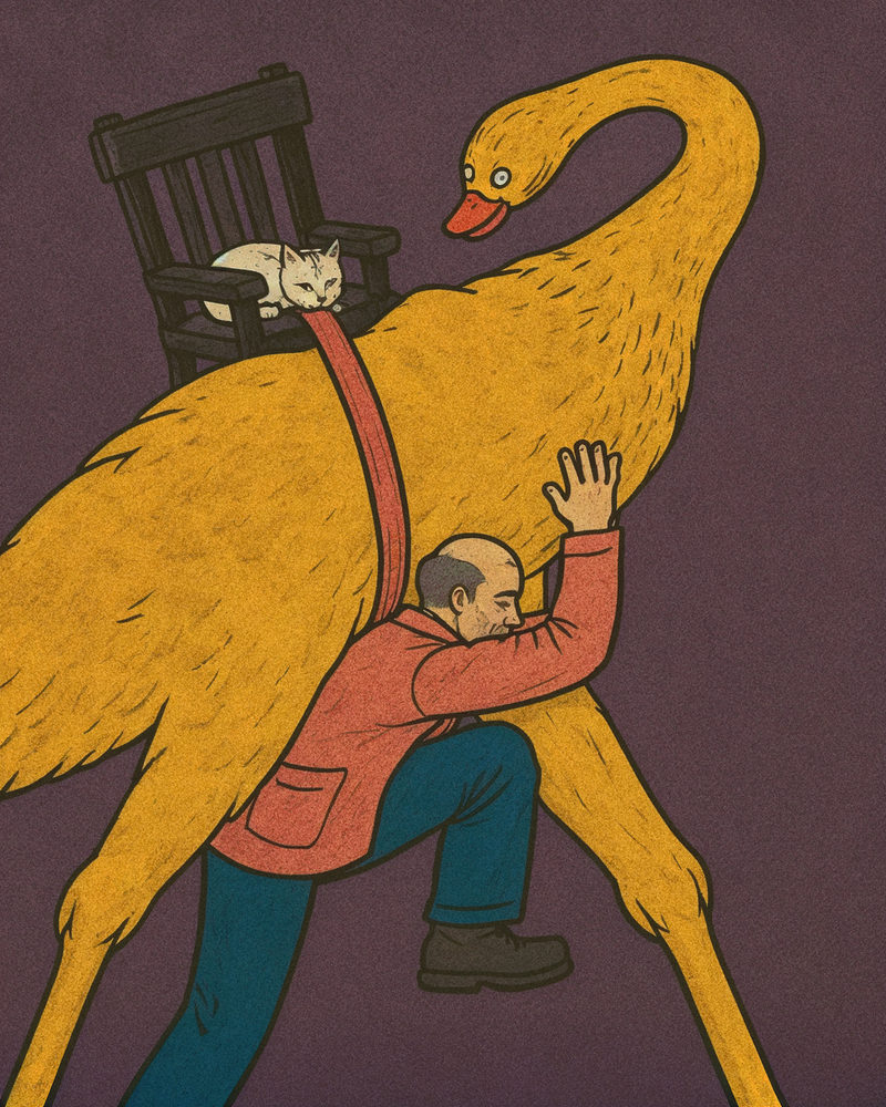 swan porter: man carrying giant swan, absurdist editorial illustration, mustard and plum