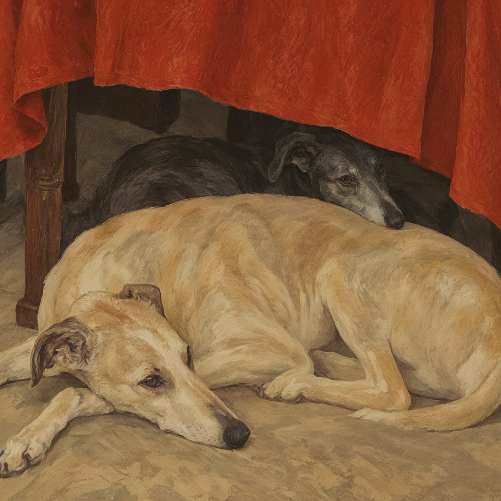 table hounds: two resting dogs under a red draped table, muted realist, deep red fawn and ochre