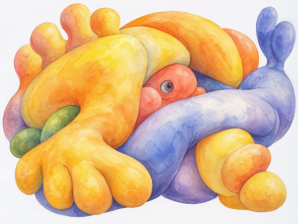 tangle creature: one eyed monster of plump tangled tubes, granulated wash, yellow orange and periwinkle blue