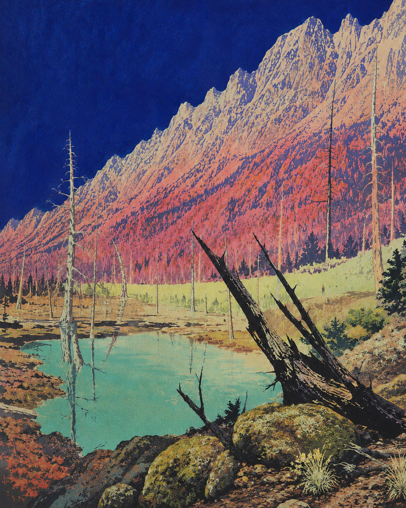teal tarn: serigraph style mountain, cobalt blue hot pink peaks, turquoise teal tarn landscape