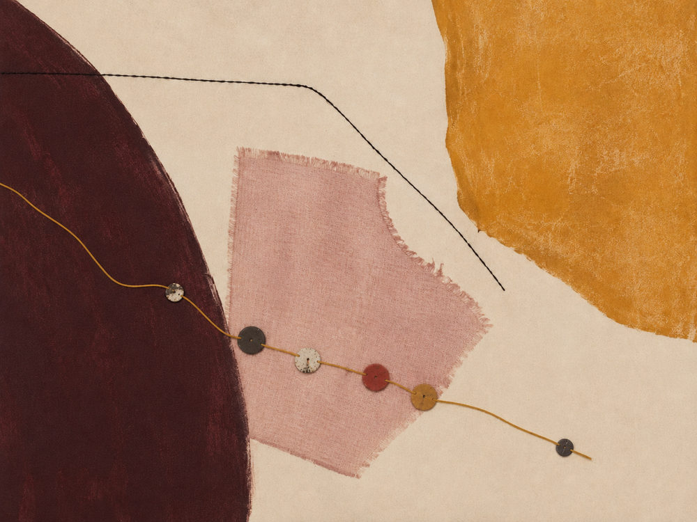 textile collage: fiber, boho maroon marigold, earthy tactile