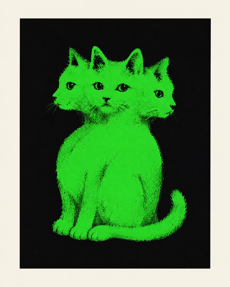 three headed cat: weird green cat, surreal vintage animal, goth riso style