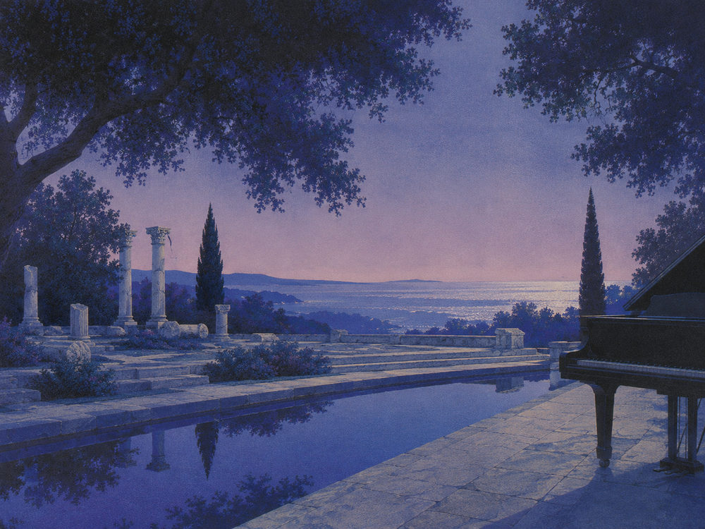 twilight terrace: neo-romantic twilight seascape, grand piano, cobalt rose dreamscape