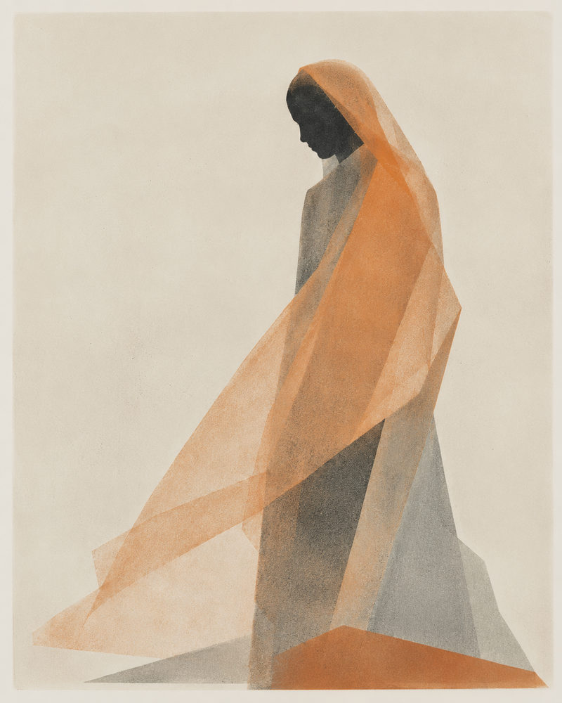 veiled figure: burnt orange figure, southwestern deco, stipple portrait