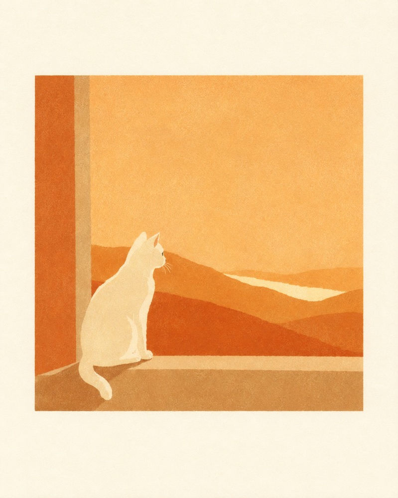 window cat: minimalist folk, terracotta sunset hills, warm vintage cozy living room